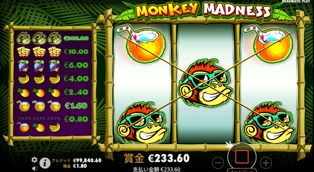 Monkey Madness（モンキー・マッドネス）RTPやフリースピン確率｜高い通常当選確率